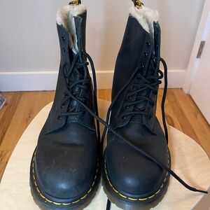 Dr. Martens Black Lace-Up Faux-Fur Combat Boots with Yellow Stitching